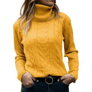 Womens Yellow Pull On Cable Knit Turtleneck Long Sleeve Casual Warm Sweaters